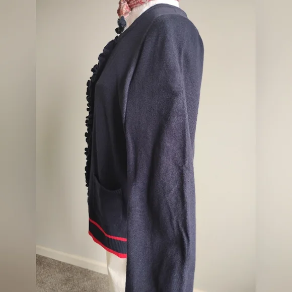 Talbots Cotton Cashmere Nautical Ruffle Cardigan Navy Blue Red Coastal Size 1X - Picture 7 of 14